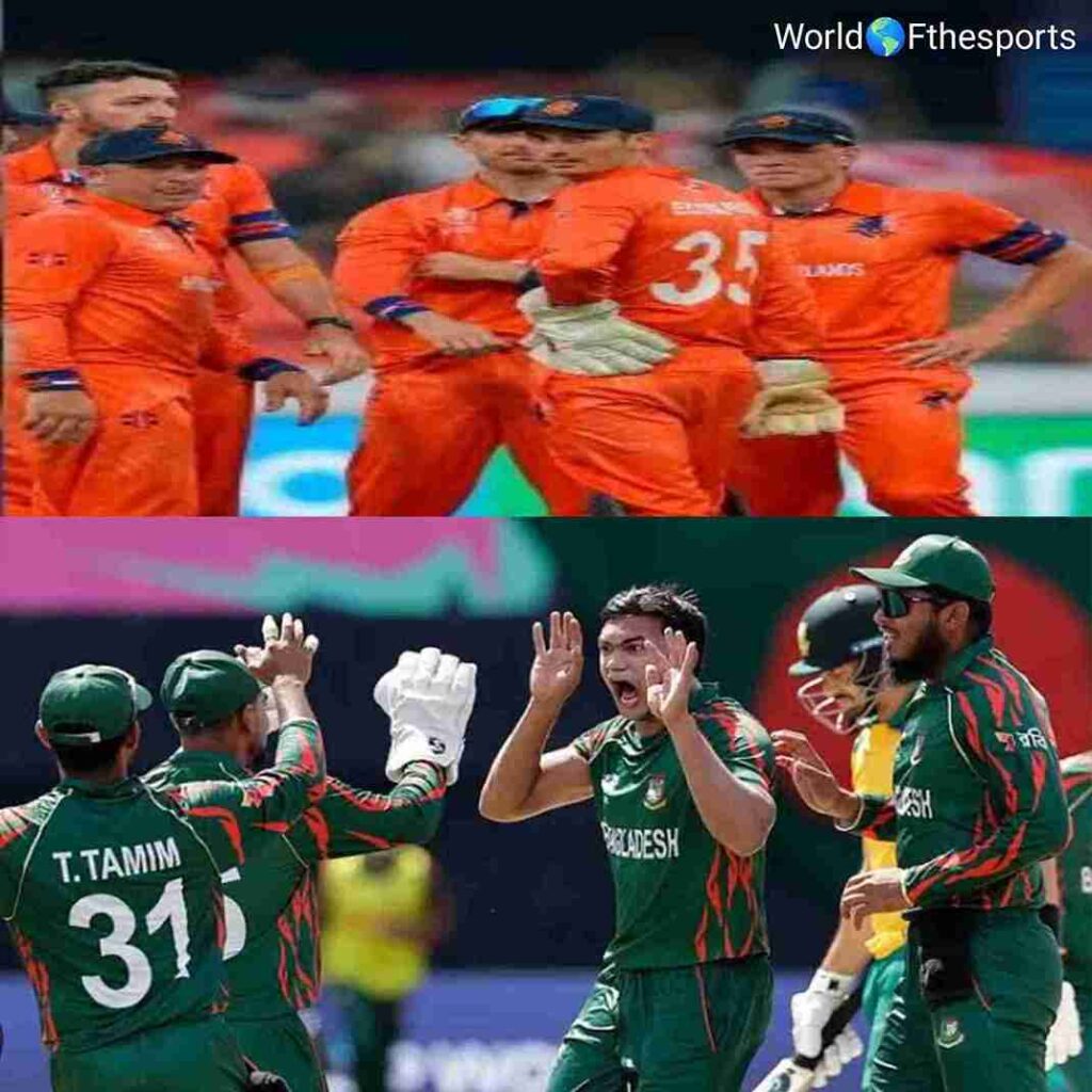 Bangladesh cricket players celebrating a wicket during the match against the Netherlands.